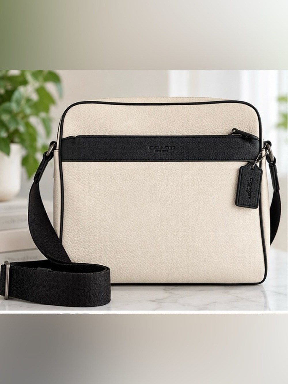Authentic Coach Cream and Black Leather Crossbody or Shoulder Charles Bag